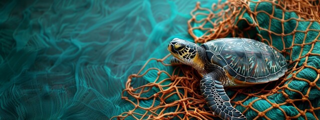 Wall Mural -  A turtle atop a net over blue-green waterside