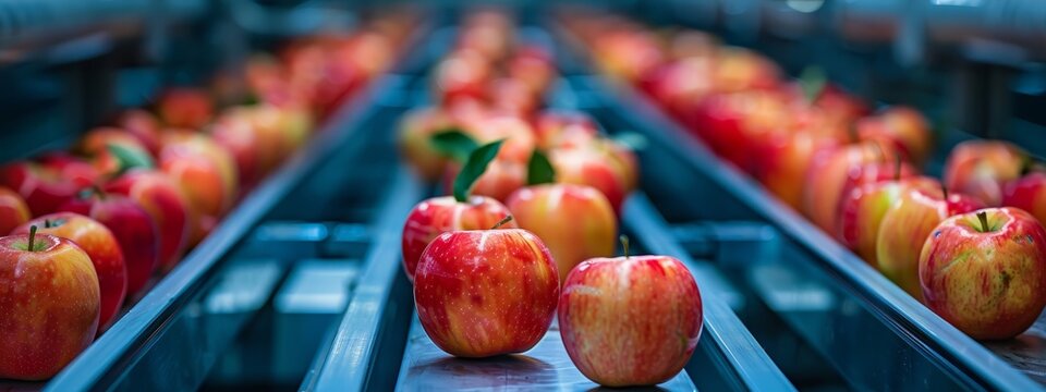  A red apple row sits atop a grocery store's conveyor belt in the fruit section