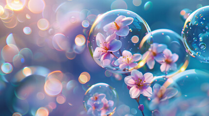 Wall Mural - colorful soap bubbles with flower inside, pink and blue background, bubbles flying in the air, detailed bubbles, beautiful bubbles, macro photography