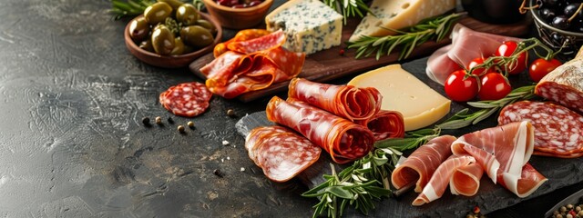 Wall Mural -  A slate platter holds an assortment of meats, cheeses, and olives on a table