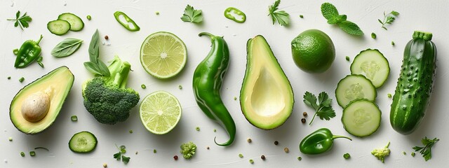 Wall Mural -  A collection of cucumbers, limes, and broccoli on a pristine white background Broccoli florets retain their vibrant green hue while cuc