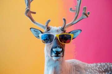 Wall Mural - Funny reindeer with sunglasses in a brightly colored studio setting