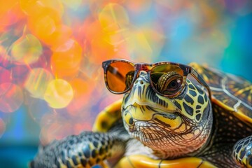 Wall Mural - Funny turtle wearing sunglasses in studio with a colorful and bright background