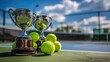 © kamonrat - Tennis balls and championship trophies placed on top the tennis court