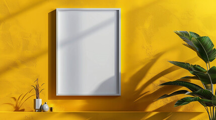 Wall Mural - Clean and modern blank frame mockup on a bold yellow wall, spotlight highlights its simplicity and elegance