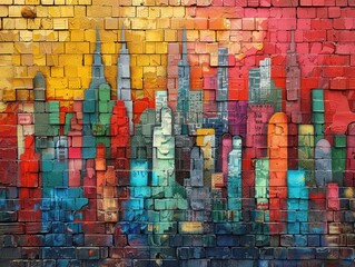 a brick wall with a mural of a colorful cityscape.