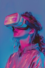 Wall Mural - women enjoying virtual reality on solid background