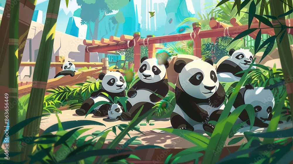 A group of cartoon pandas in a bamboo forest