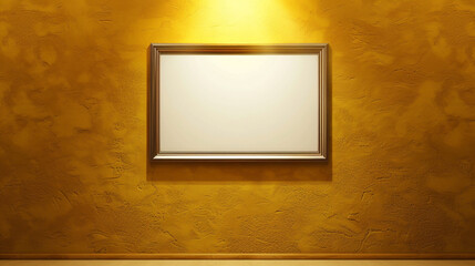 Wall Mural - Elegant blank frame on a rich yellow wall, illuminated by a spotlight, highlighting clean design and texture