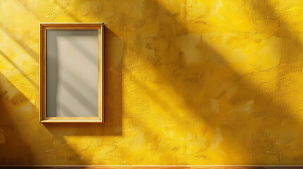 Wall Mural - Elegant blank frame on a vibrant yellow wall, spotlight casting soft light to showcase the frame
