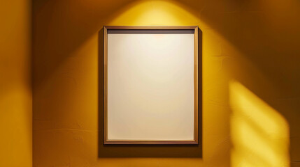 Wall Mural - Modern blank frame against a bold yellow wall, illuminated by a spotlight, showcasing fine details