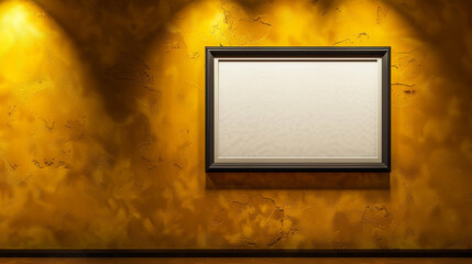 Wall Mural - Modern blank frame on a rich yellow wall, illuminated by a spotlight, showing fine details and shadows