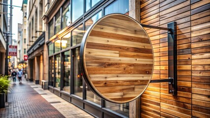 A rustic wooden wall serves as a backdrop for a circular street store template signboard mockup, awaiting custom design elements in a modern, urban atmosphere.