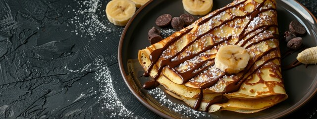 Wall Mural -  A plate bearing waffles topped with sliced bananas and drizzled chocolate Additional toppings welcome