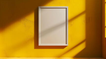 Wall Mural - Stylish blank frame centered on a bold yellow wall, spotlight casting detailed shadows and light