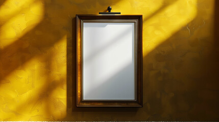 Wall Mural - Stylish blank frame mockup on a deep yellow wall, spotlight casting subtle yet distinct shadows