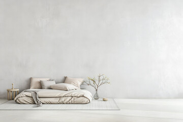 Minimalist bedroom in a luxury property with natural light coming from a window, copy space and minimal ornaments. Residential Real Estate composition in neutral tone.