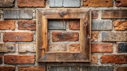 Wall Mural - Rustic barn wood picture frame measuring 12x16 inches hangs on a distressed brick wall with exposed concrete, evoking a charming, vintage ambiance.