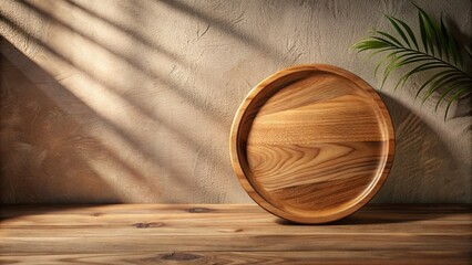 Wall Mural - Rustic wooden plate mockup with warm shadows on the wall, perfect for showcasing food, cosmetics, or jewelry products in a cozy, natural setting.