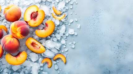 Sticker - Chilled Peach Slices Arranged With Ice Cubes On Reflective Surface