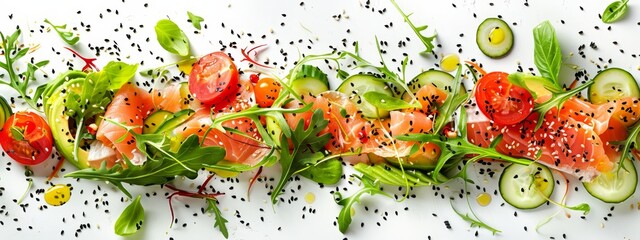  A tight shot of a plate, displaying tomatoes and cucumbers against a pristine white backdrop Dots of seasoning gracefully scatter the arrangement