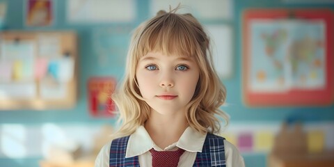 Wall Mural - Portrait of a Young Blonde Schoolgirl with Bangs Against a Pastel Background. Concept schoolgirl portraits, blonde hair, pastel background, young model, vivid colors