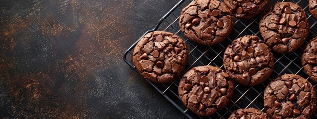  A cooling rack laden with chocolate cookies atop a wooden table Nearby, a plate holds extra cookies on a separate table