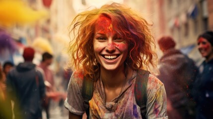 Wall Mural - Portrait of woman young caucasian smiling playing holi