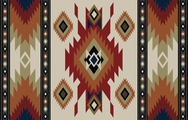 Wall Mural - Ethnic tribal Aztec colorful  red background. Seamless tribal pattern, folk embroidery, tradition geometric Aztec ornament. Tradition Native and Navaho design for fabric, textile, print, rug, paper