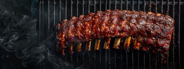 Wall Mural -  A tight shot of sizzling meat above a grill, emitting copious amounts of smoke from its surface