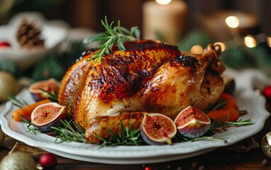 Wall Mural - Roasted Chicken With Figs and Carrots on a White Plate