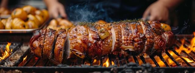 Wall Mural -  A tight shot of sizzling meat on a grill, with flamboyant flames in the foreground In the background, a tray of golden potatoes awaits