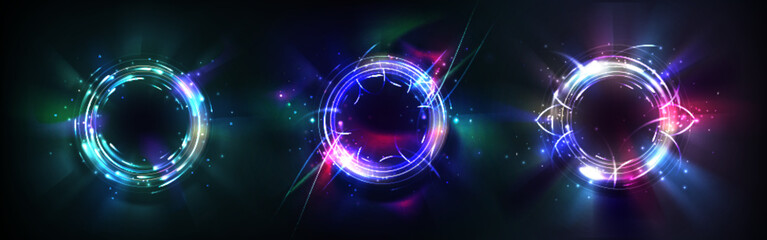 Wall Mural - neon halo effect light. circle ring glow with blue flare. 3d round speed portal with magic energy. r