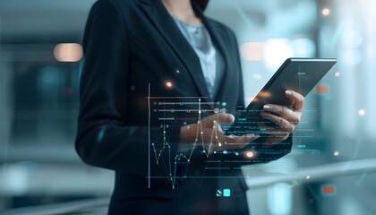 A businesswoman in a black suit uses a tablet to analyze data