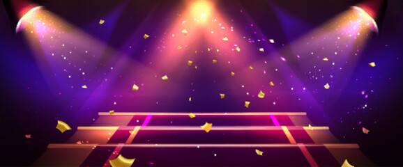 Wall Mural - gold light show stage. abstract spotlight podium. purple concert, winner ceremony studio with golden
