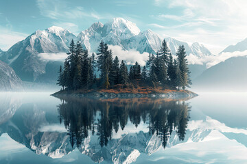 Wall Mural - a small island with trees in the middle of water with snow covered mountains in the background