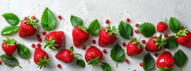 Wall Mural -  A collection of strawberries featuring green foliage and ripe red fruits against a pristine white background, with red berries dispersed surrounding them
