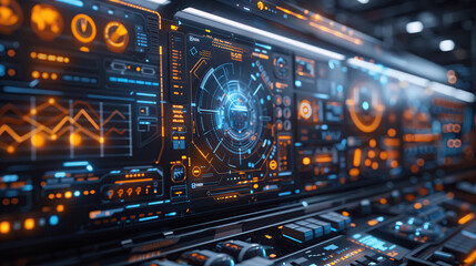 A futuristic software interface with glowing orange and blue graphics displays data and system information, highlighting the power of technology