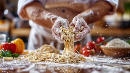 Chef making fresh pasta in a kitchen close-up