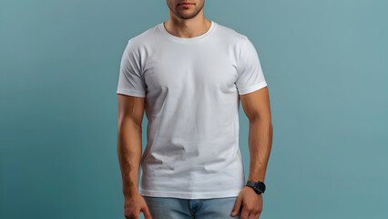 Young man wearing white tshirt mockup, at light blue canvas background. Design t-shirt template, print presentation mock-up. AI generated.