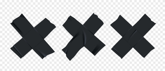 Vector set of 3D realistic black cross adhesive tape. Torn pieces of masking tape isolated on transparent background.