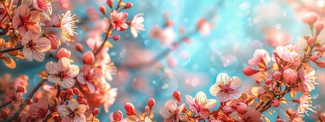 Wall Mural -  A tight shot of multiple blooms against a tree backdrop, the blue sky and water softly blurred behind