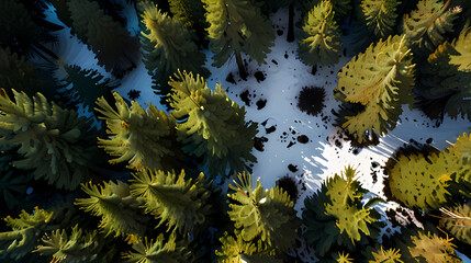 Wall Mural - Aerial perspective of a coniferous forest, with tall evergreens creating a dense, dark green canop