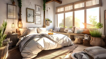 Poster - Cozy and Dreamy Bedroom with Inviting Pillows and Natural Elements