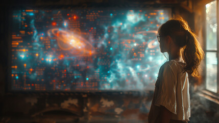 Poster - Students meditating in the classroom while watching the video of the universe and the stars