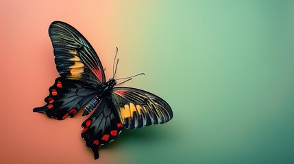 Wall Mural - Black and Red Butterfly on a Peach and Green Gradient