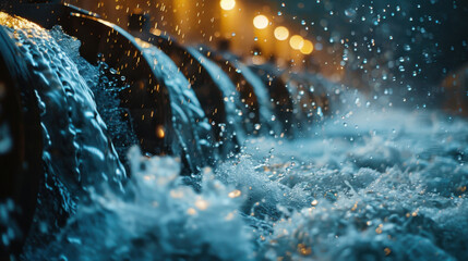 A dynamic close-up of water flowing through industrial pipes, highlighting motion and the engineering aspect of fluid transport.