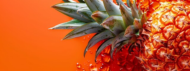 Sticker -  A pineapple, tightly framed in close-up, atop an orange backdrop with beads of water delicately resting on its peak ..