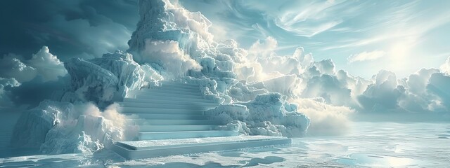 Wall Mural -  A path of steps precedes a stairway submerged in a body of water, encircled by an overcast sky
