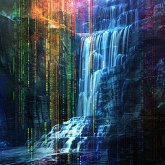 Wall Mural - a waterfall with a rainbow of colors and a series of numbers